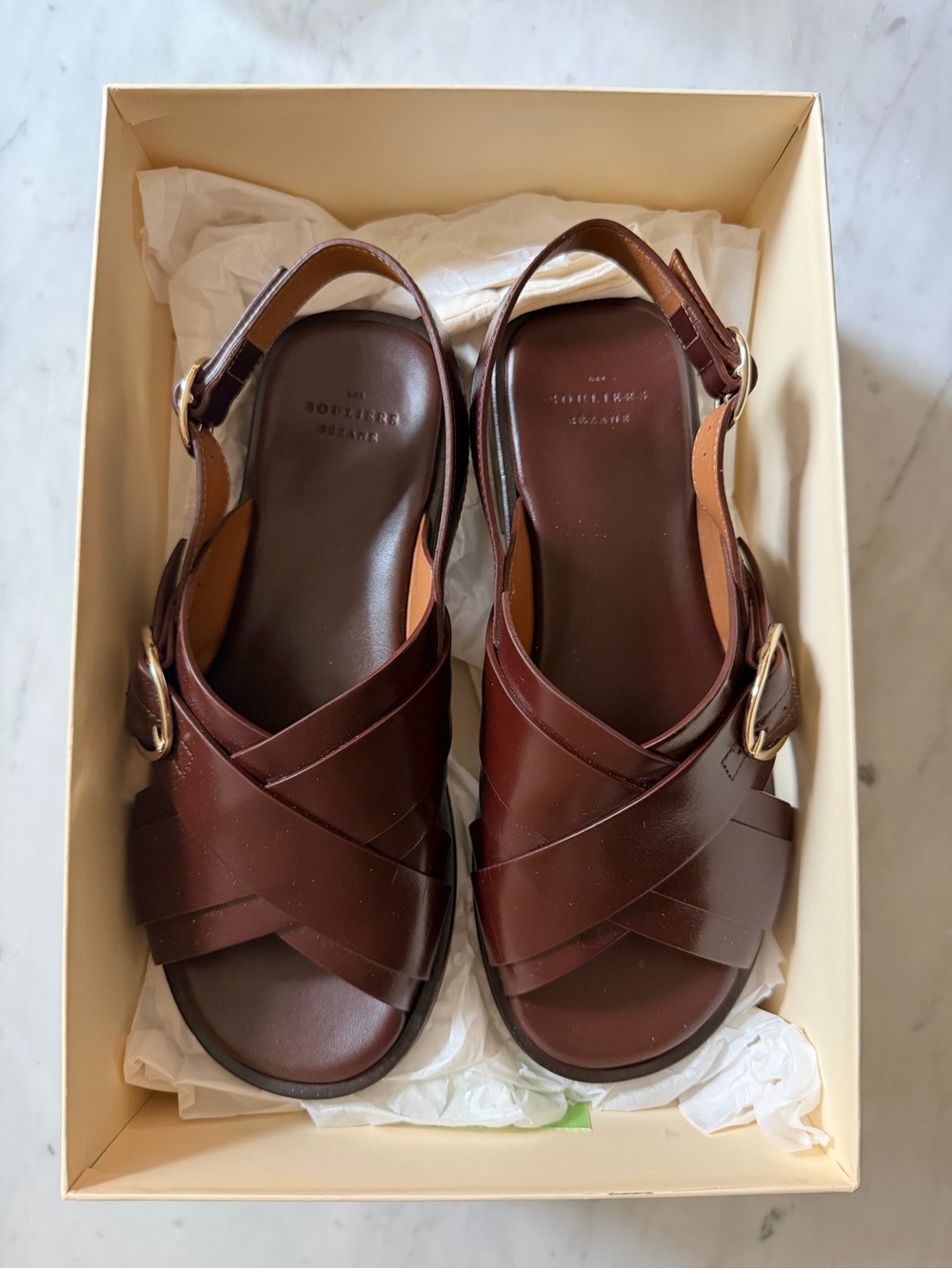 Sézane Low Blandine Chocolate Leather Cross-Strap Sandals with Gold Buckle - Picture 8 of 8